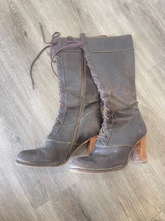 Frye Dark Brown Lace-Up Mid-Calf Heeled Boots - Picture 3 of 4